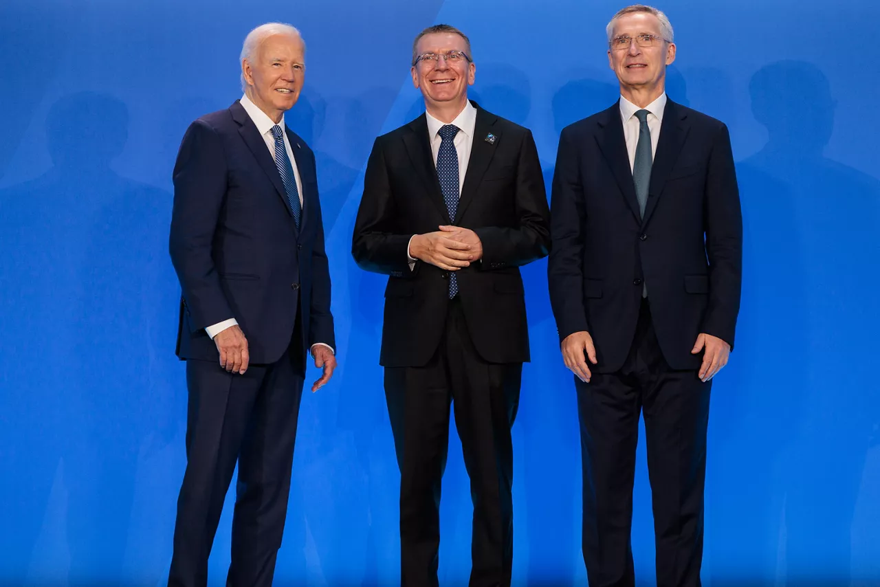Left to right: U.S. President Joe Biden with Edgars Rinkevics (President of Latvia) and NATO Secretary General Jens Stoltenberg
