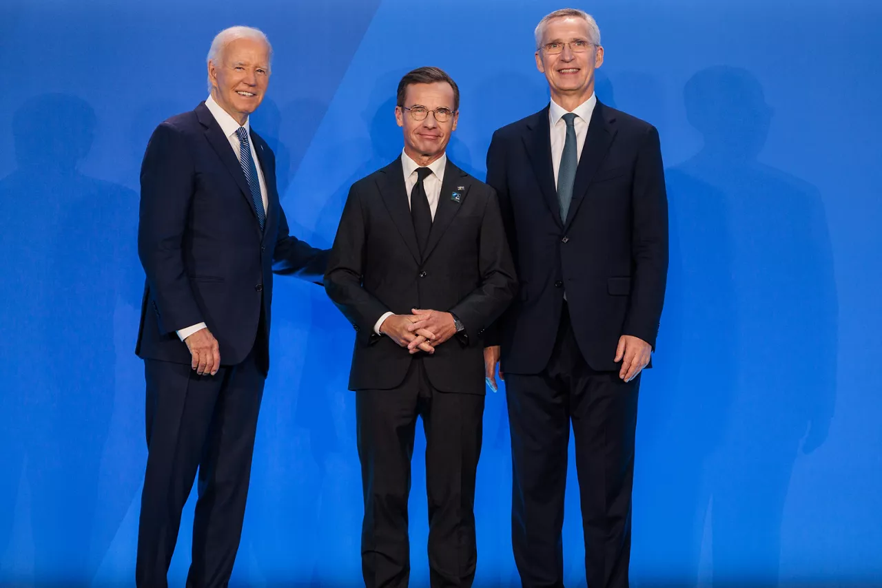 Left to right: U.S. President Joe Biden with Ulf Kristersson (Prime Minister of Sweden) and NATO Secretary General Jens Stoltenberg