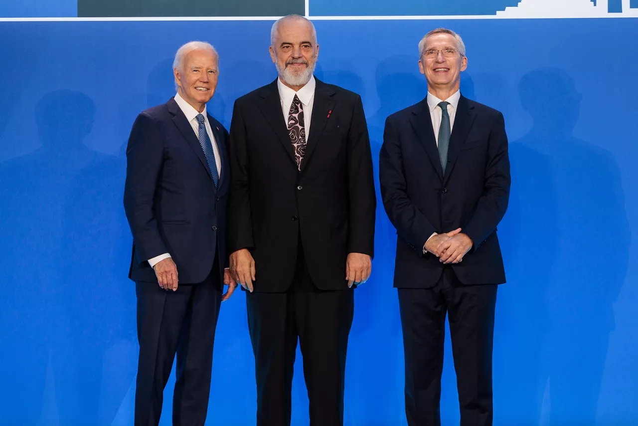 Left to right: U.S. President Joe Biden with Edi Rama (Prime Minister of Albania) and NATO Secretary General Jens Stoltenberg
