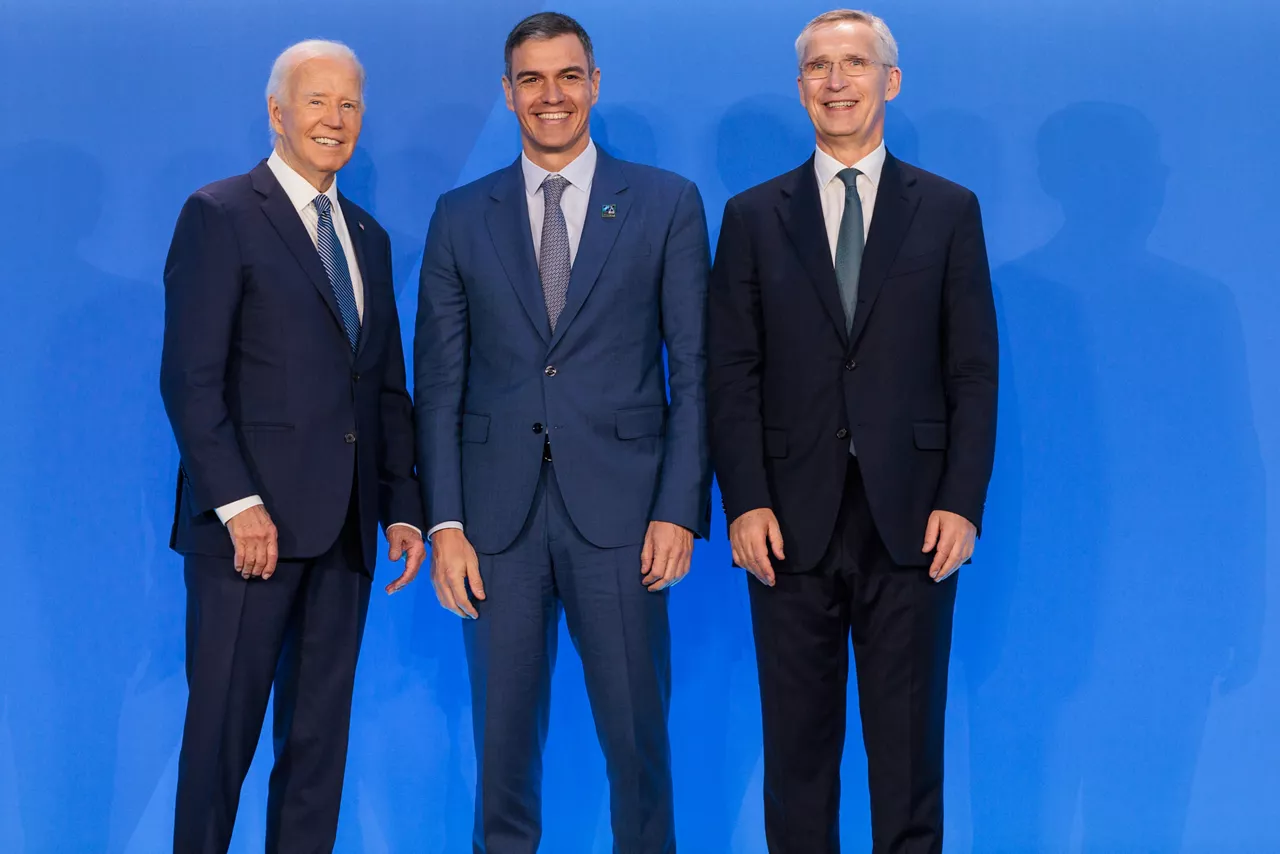 Left to right: US President Joe Biden wit Pedro Sanchez Perez-Castejon (Prime Minister of Spain) and NATO Secretary General Jens Stoltenberg