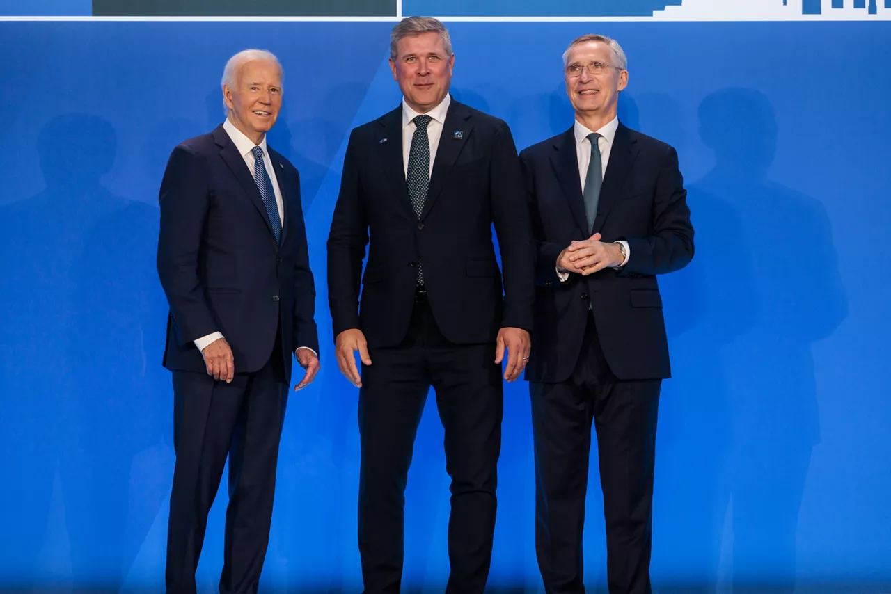 Left to right:  U.S. President Joe Biden with Bjarni Benediktsson (Prime Minister of Iceland) and NATO Secretary General Jens Stoltenberg