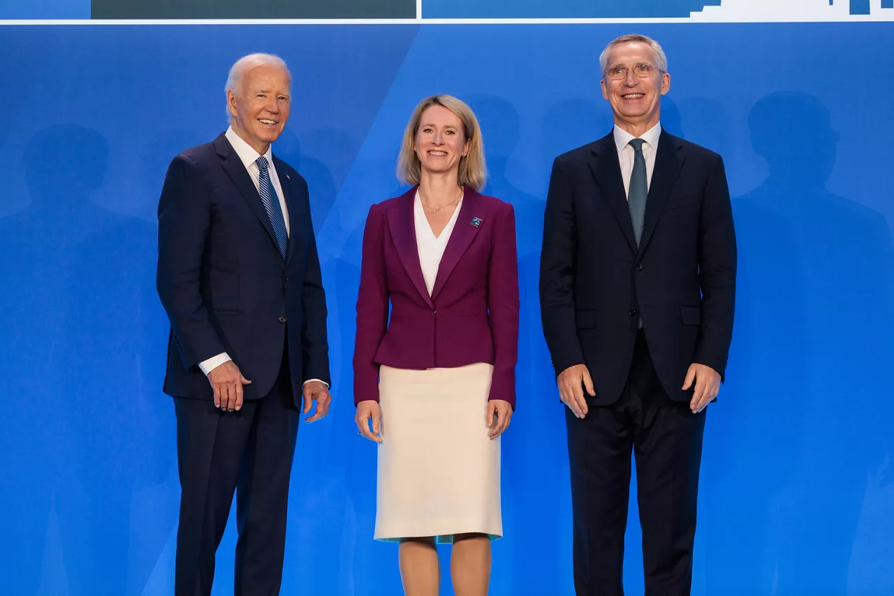 Left to right: U.S. President Joe Biden with Kaja Kallas (Prime Minister of Estonia) and NATO Secretary General Jens Stoltenberg