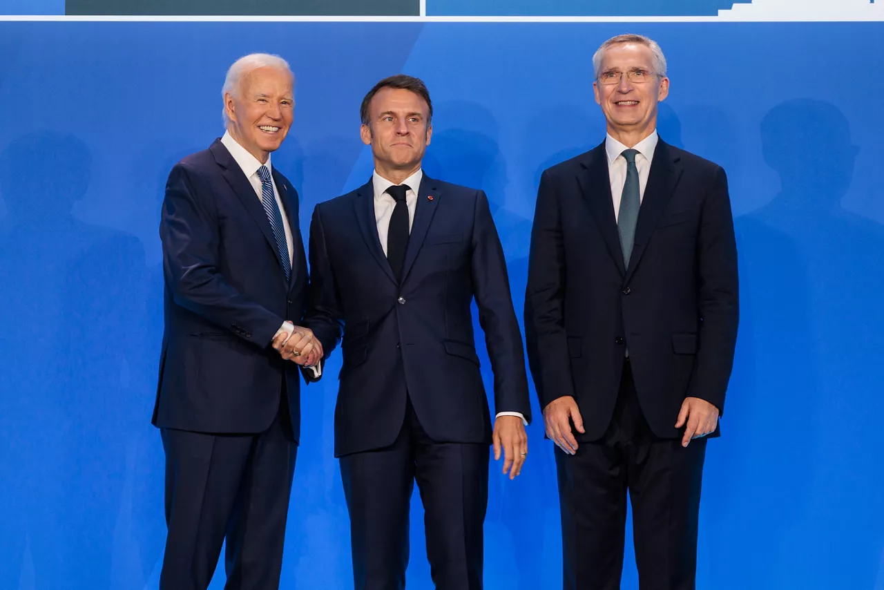 Left to right: U.S. President Joe Biden with Emmanuel Macron (President of France) and NATO Secretary General Jens Stoltenberg