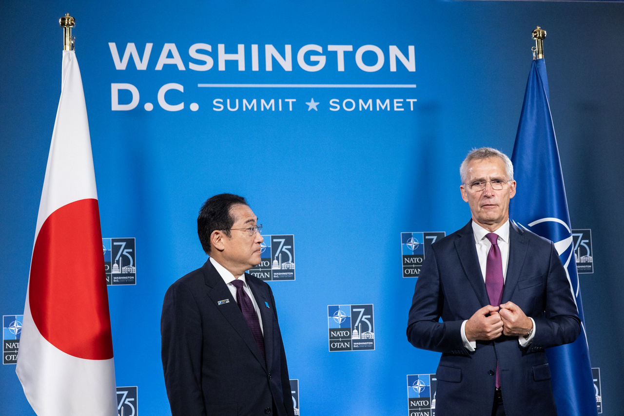 Left to right: Fumio Kishida (Prime Minister, Japan) with NATO Secretary General Jens Stoltenberg