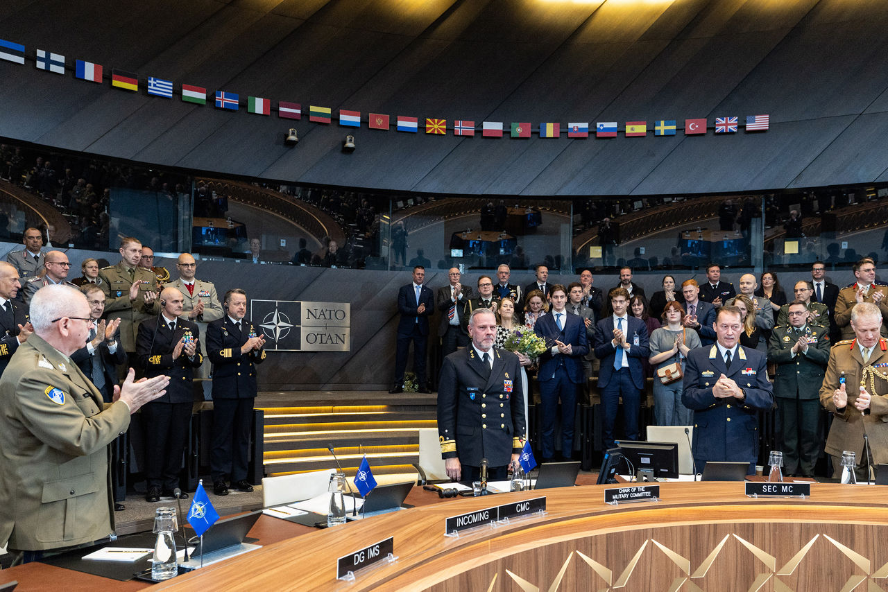 Admiral Giuseppe Cavo Dragone assumes the role of Chair of the NATO Military Committee during a special session of the Military Committee followed by a farewell ceremony for Admiral Rob Bauer