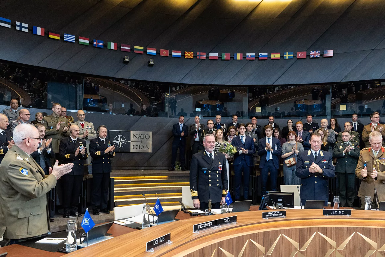 Admiral Giuseppe Cavo Dragone assumes the role of Chair of the NATO Military Committee during a special session of the Military Committee followed by a farewell ceremony for Admiral Rob Bauer