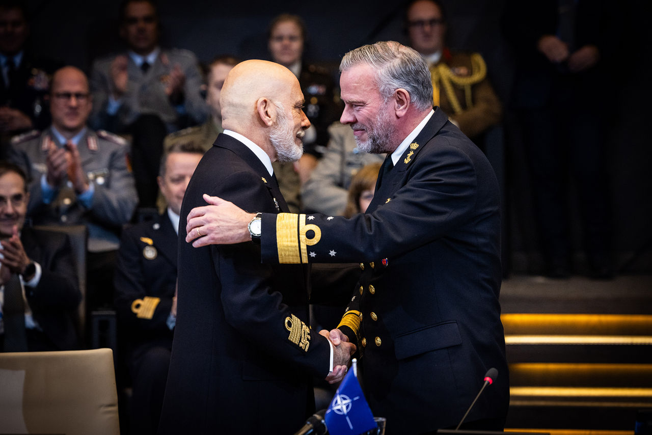 Admiral Giuseppe Cavo Dragone assumes the role of Chair of the NATO Military Committee during a special session of the Military Committee followed by a farewell ceremony for Admiral Rob Bauer
