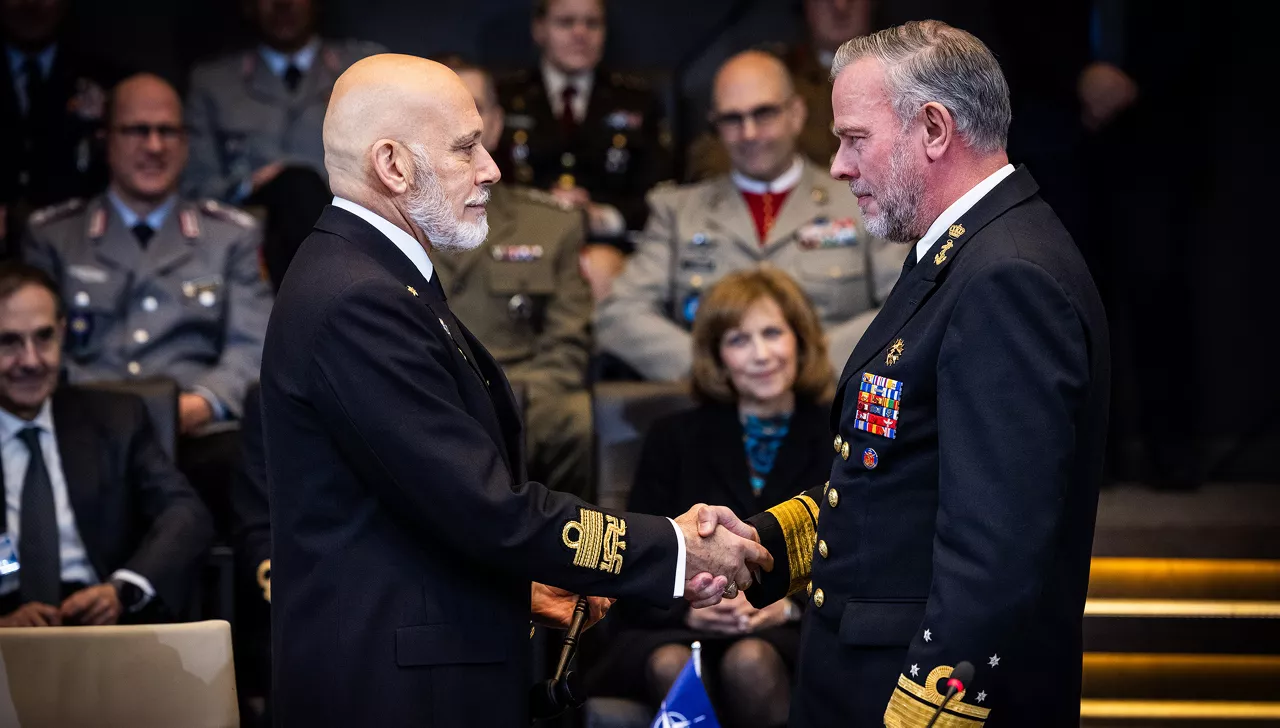 Admiral Giuseppe Cavo Dragone assumes the role of Chair of the NATO Military Committee during a special session of the Military Committee followed by a farewell ceremony for Admiral Rob Bauer