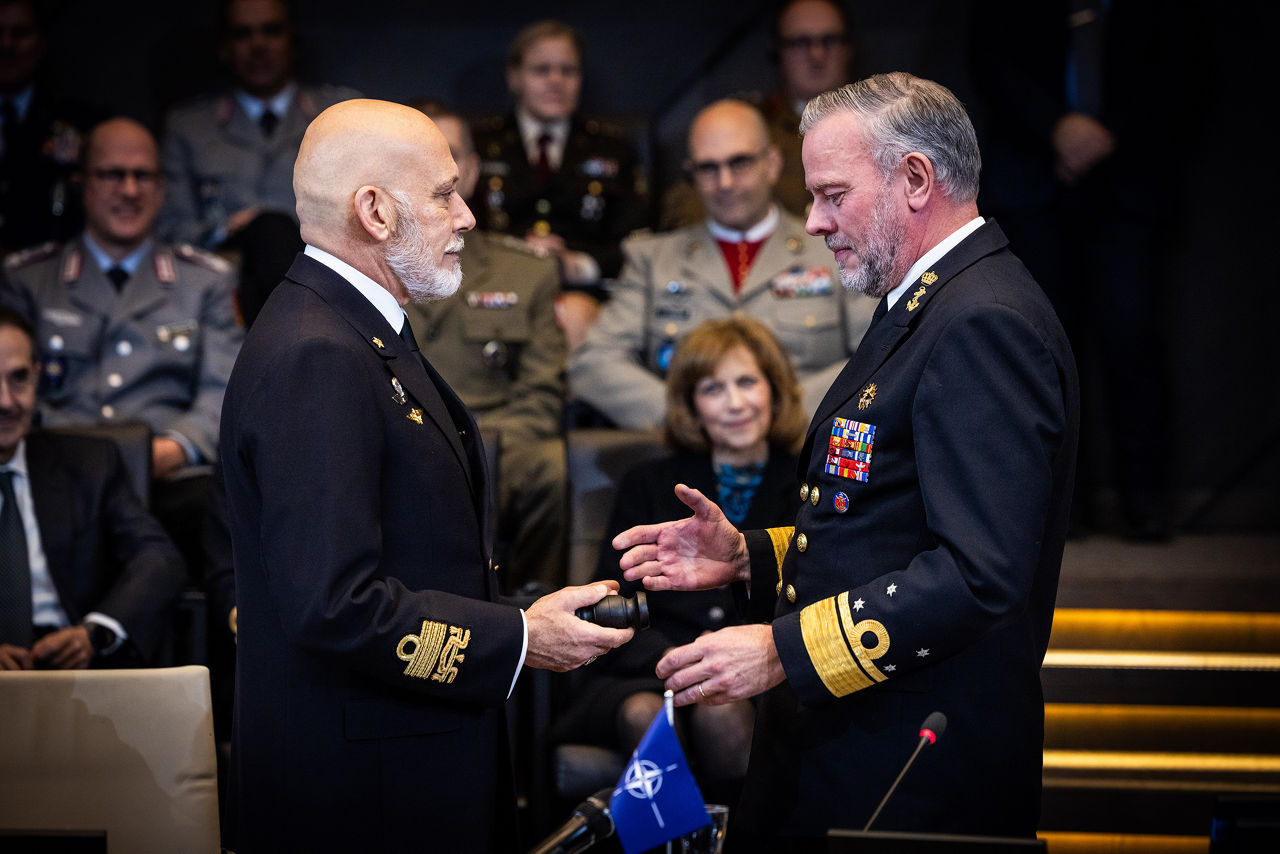 Admiral Giuseppe Cavo Dragone assumes the role of Chair of the NATO Military Committee during a special session of the Military Committee followed by a farewell ceremony for Admiral Rob Bauer