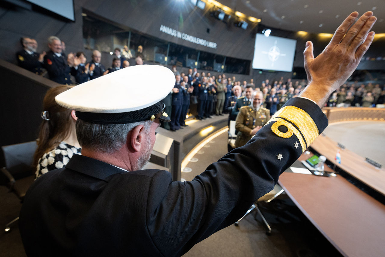 Admiral Giuseppe Cavo Dragone assumes the role of Chair of the NATO Military Committee during a special session of the Military Committee followed by a farewell ceremony for Admiral Rob Bauer