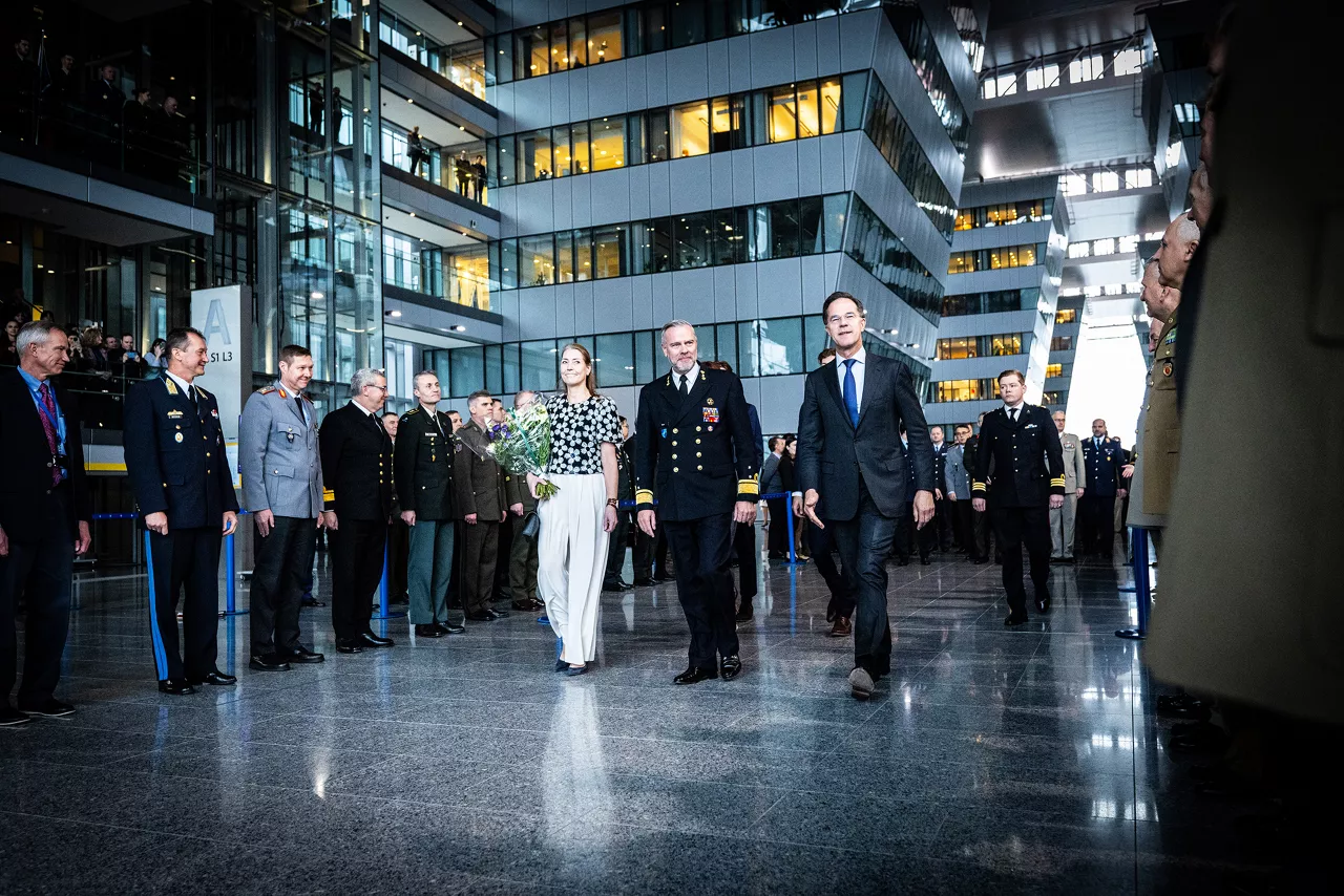 Admiral Giuseppe Cavo Dragone assumes the role of Chair of the NATO Military Committee during a special session of the Military Committee followed by a farewell ceremony for Admiral Rob Bauer