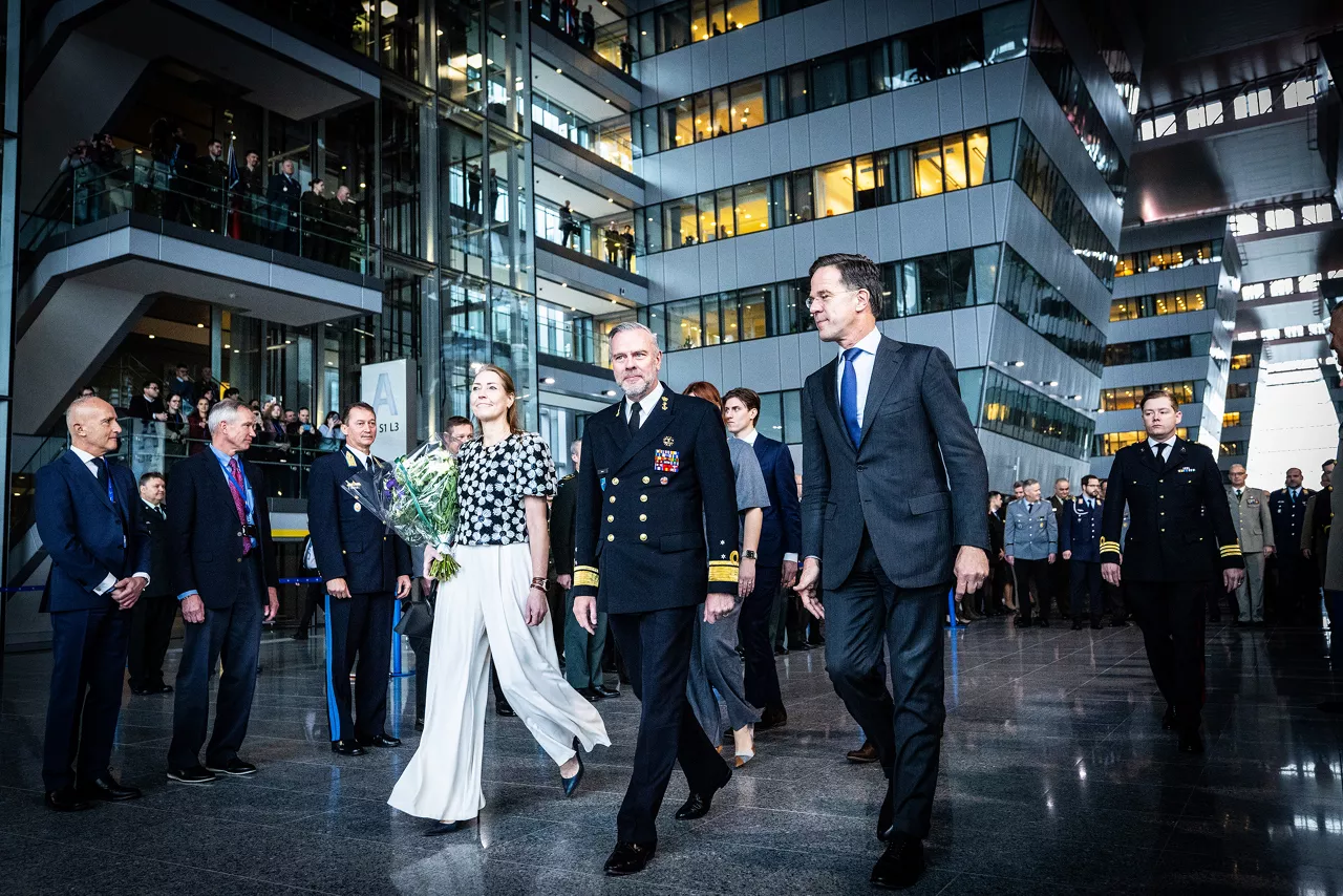 Admiral Giuseppe Cavo Dragone assumes the role of Chair of the NATO Military Committee during a special session of the Military Committee followed by a farewell ceremony for Admiral Rob Bauer