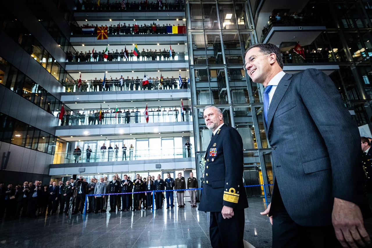 Admiral Giuseppe Cavo Dragone assumes the role of Chair of the NATO Military Committee during a special session of the Military Committee followed by a farewell ceremony for Admiral Rob Bauer