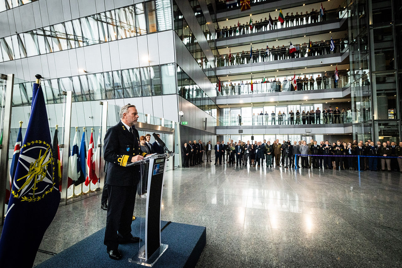 Admiral Giuseppe Cavo Dragone assumes the role of Chair of the NATO Military Committee during a special session of the Military Committee followed by a farewell ceremony for Admiral Rob Bauer