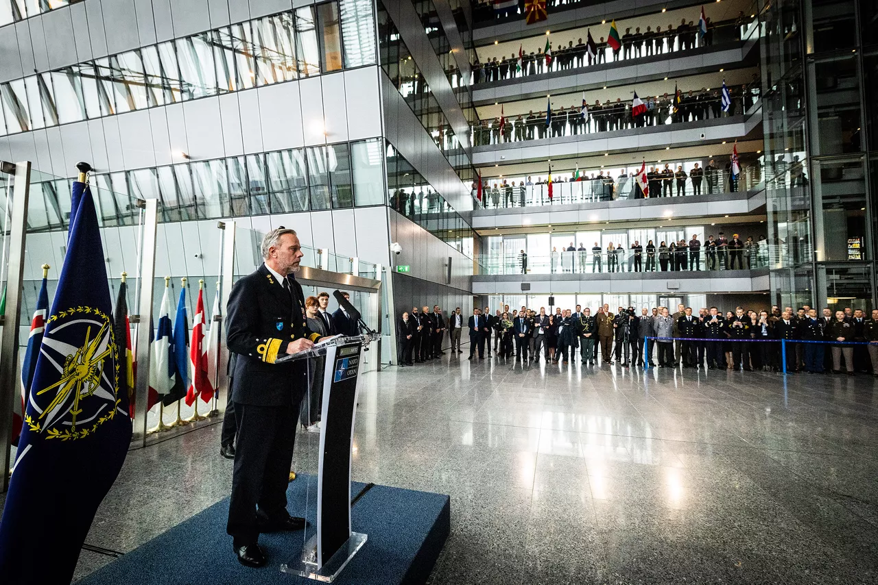 Admiral Giuseppe Cavo Dragone assumes the role of Chair of the NATO Military Committee during a special session of the Military Committee followed by a farewell ceremony for Admiral Rob Bauer