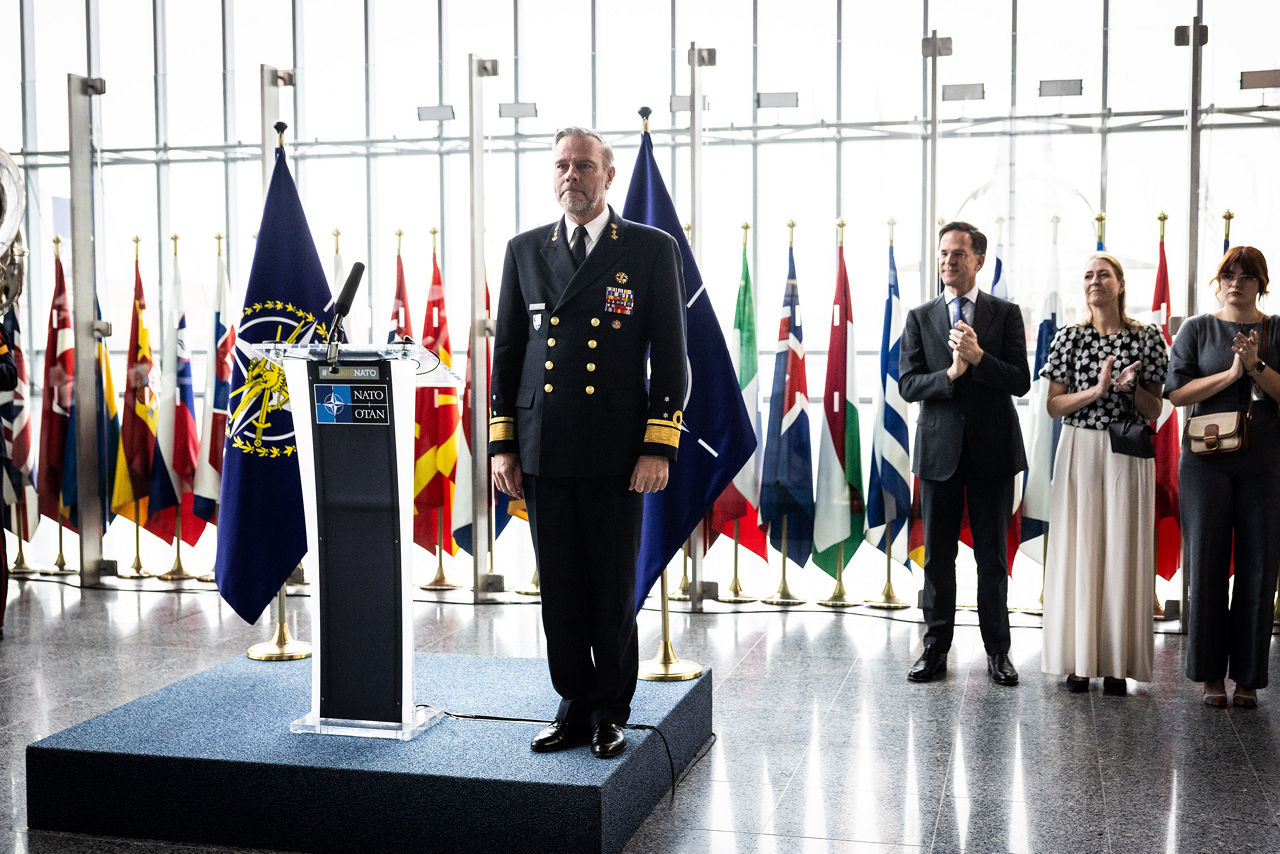Admiral Giuseppe Cavo Dragone assumes the role of Chair of the NATO Military Committee during a special session of the Military Committee followed by a farewell ceremony for Admiral Rob Bauer