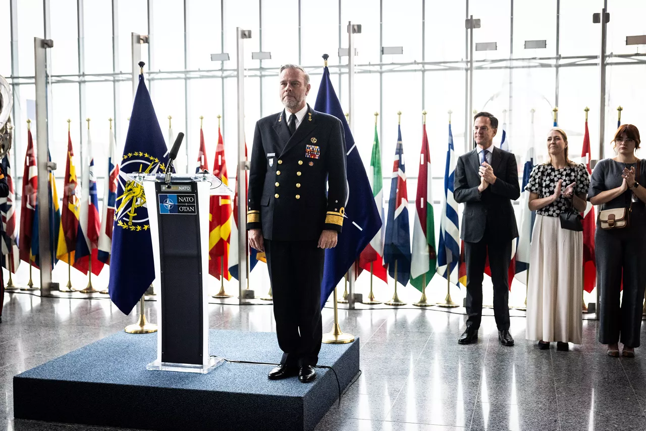 Admiral Giuseppe Cavo Dragone assumes the role of Chair of the NATO Military Committee during a special session of the Military Committee followed by a farewell ceremony for Admiral Rob Bauer