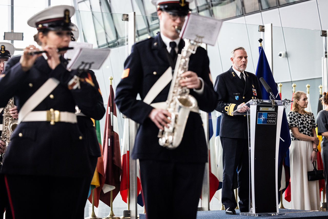 Admiral Giuseppe Cavo Dragone assumes the role of Chair of the NATO Military Committee during a special session of the Military Committee followed by a farewell ceremony for Admiral Rob Bauer