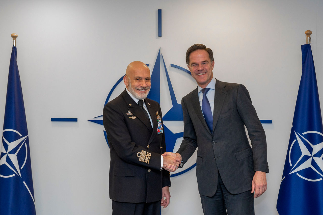 NATO Secretary General Mark Rutte meets with the new Chair of the NATO Military Committee, Admiral Giuseppe Cavo Dragone