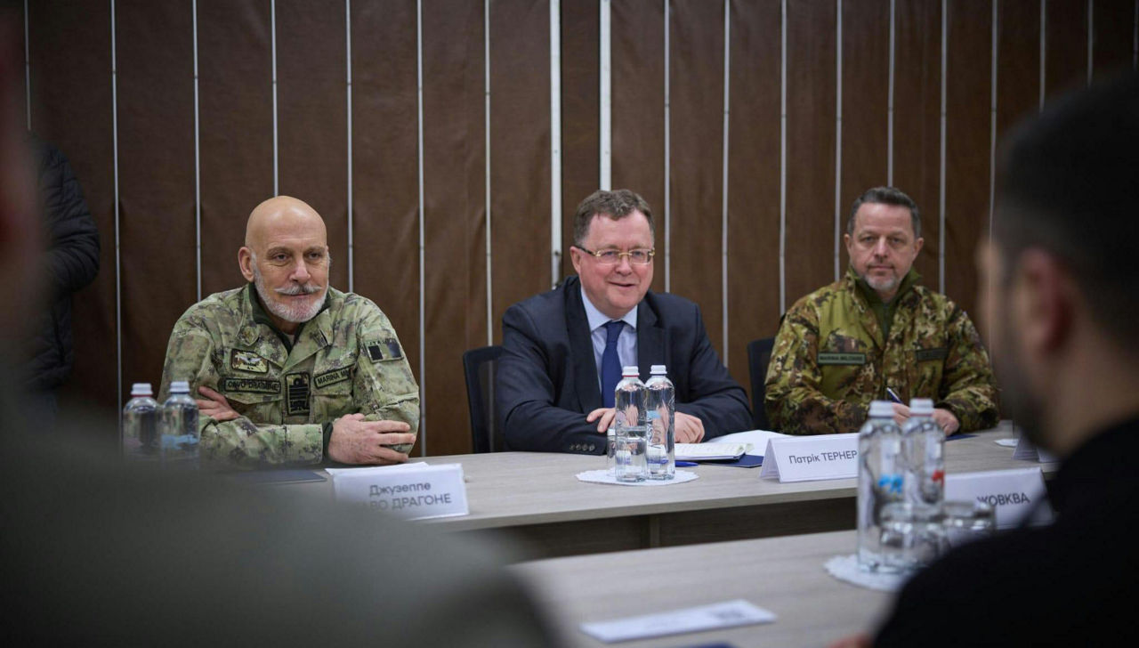 [L-R] The Chair of the NATO Military Committee, Admiral Cavo Dragone; Head of the NATO Representation to Ukraine, Mr Patrick Turner; Public Affairs and Strategic Communications Advisor to the Chair of the NATO Military Committee, Captain (N) Giovanni Galoforo