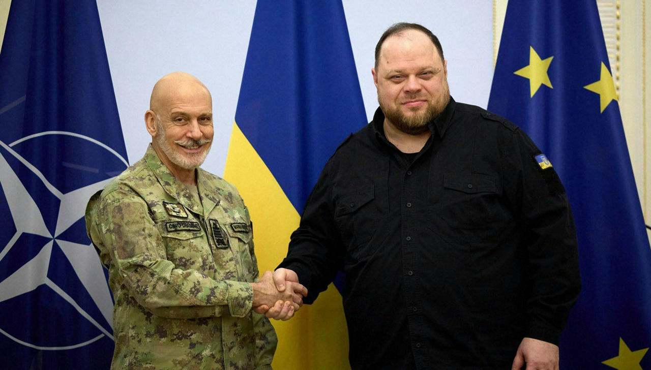 The Chair of the NATO Military Committee, Admiral Cavo Dragone, meets with the Chair of the Verkhovna Rada of Ukraine, Mr Ruslan Stefanchuk
