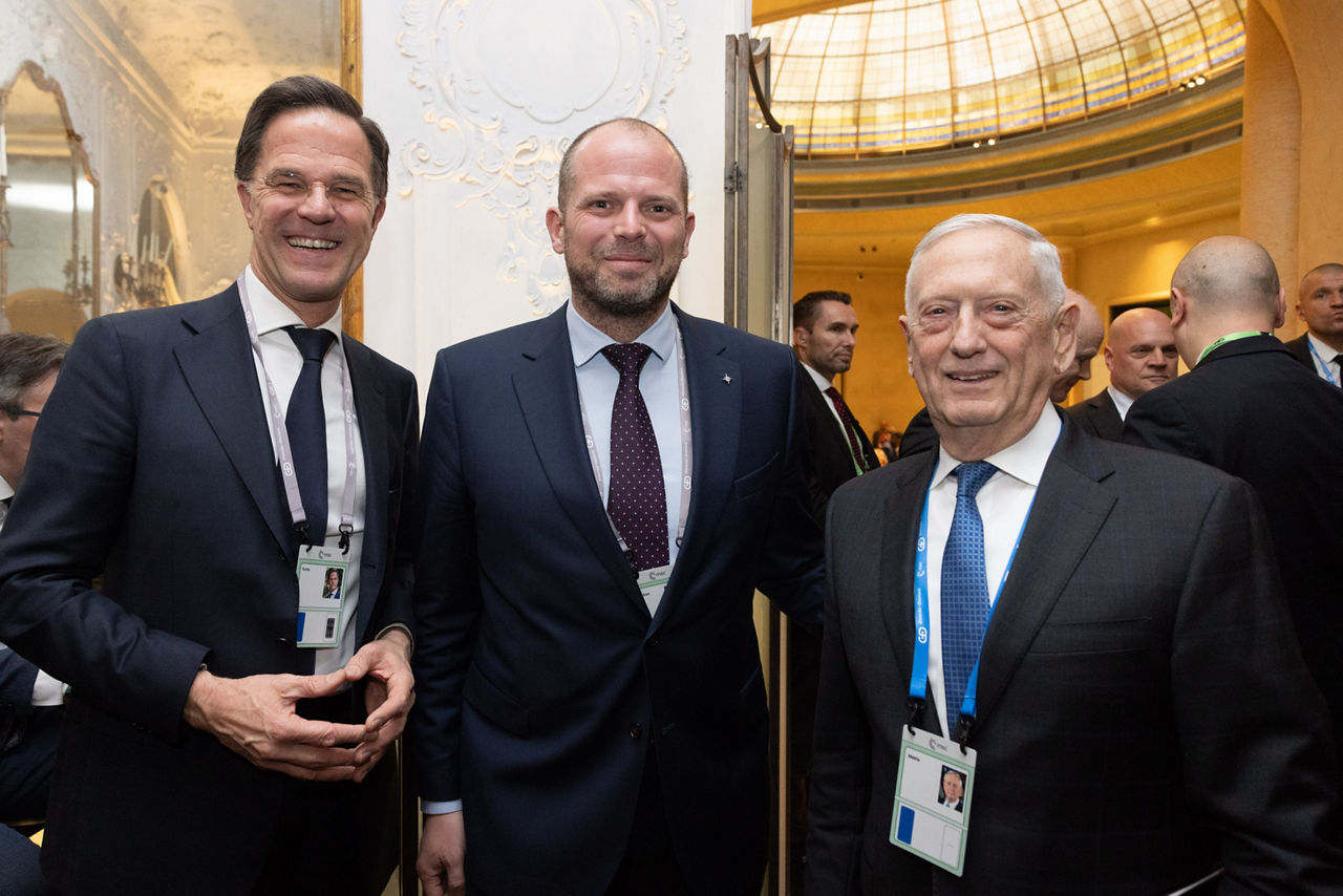 NATO Secretary General Mark Rutte with Theo Francken, Minister of Defence of Belgium and James Mattis, former US Secretary of Defense