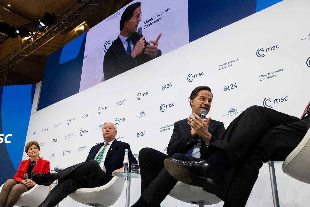 NATO Secretary General Mark Rutte participates in MSC panel on transatlantic security with US Senator Jeanne Shaheen, Senate Committee on Foreign Relations; US Senator Lindsey Graham, Chair of the Budget Senate Committee; and moderator, Wolfgang Ischinger, President of the Foundation Council, MSC Foundation