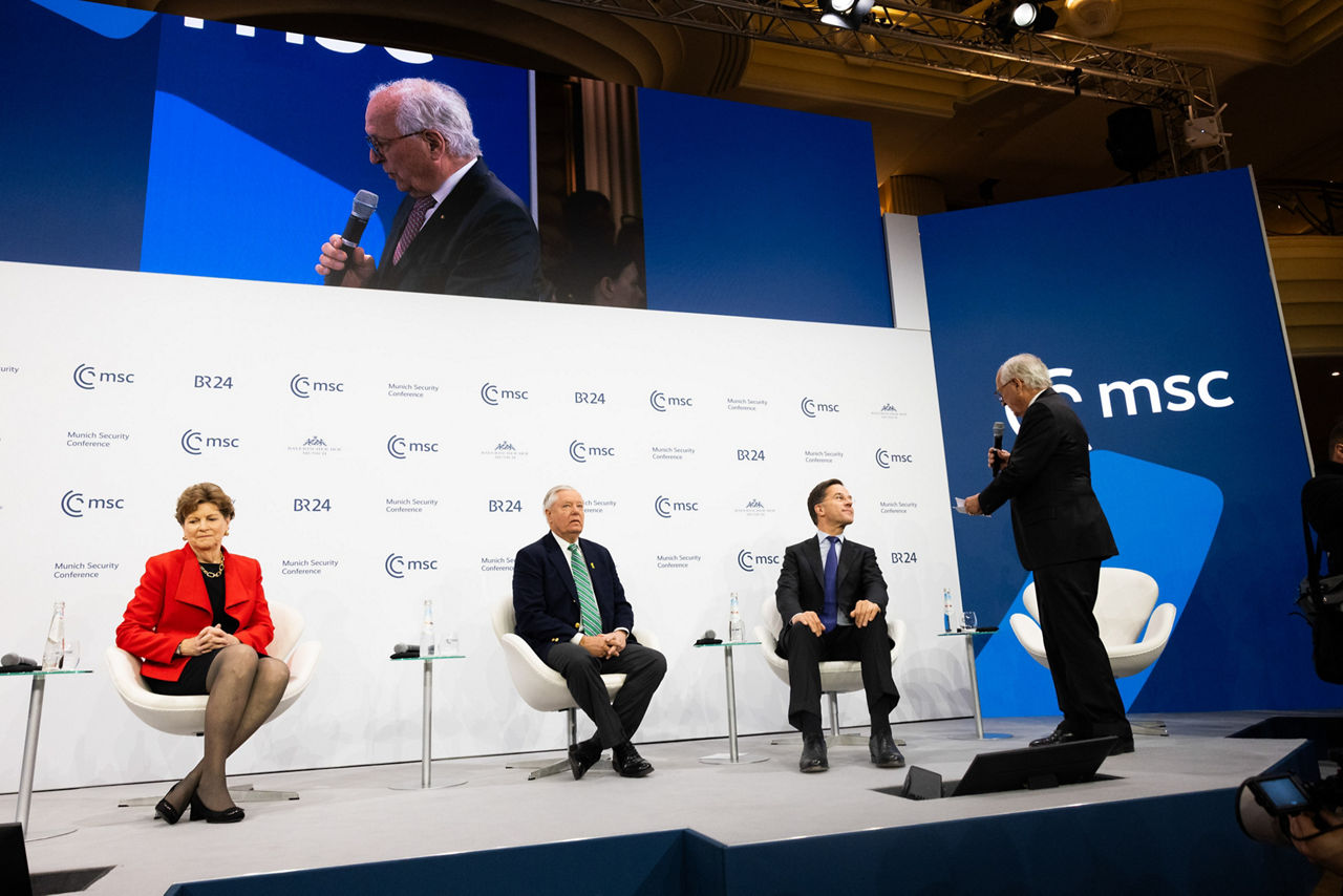 NATO Secretary General Mark Rutte participates in MSC panel on transatlantic security with US Senator Jeanne Shaheen, Senate Committee on Foreign Relations; US Senator Lindsey Graham, Chair of the Budget Senate Committee; and moderator, Wolfgang Ischinger, President of the Foundation Council, MSC Foundation