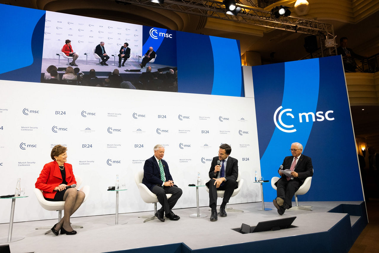 NATO Secretary General Mark Rutte participates in MSC panel on transatlantic security with US Senator Jeanne Shaheen, Senate Committee on Foreign Relations; US Senator Lindsey Graham, Chair of the Budget Senate Committee; and moderator, Wolfgang Ischinger, President of the Foundation Council, MSC Foundation