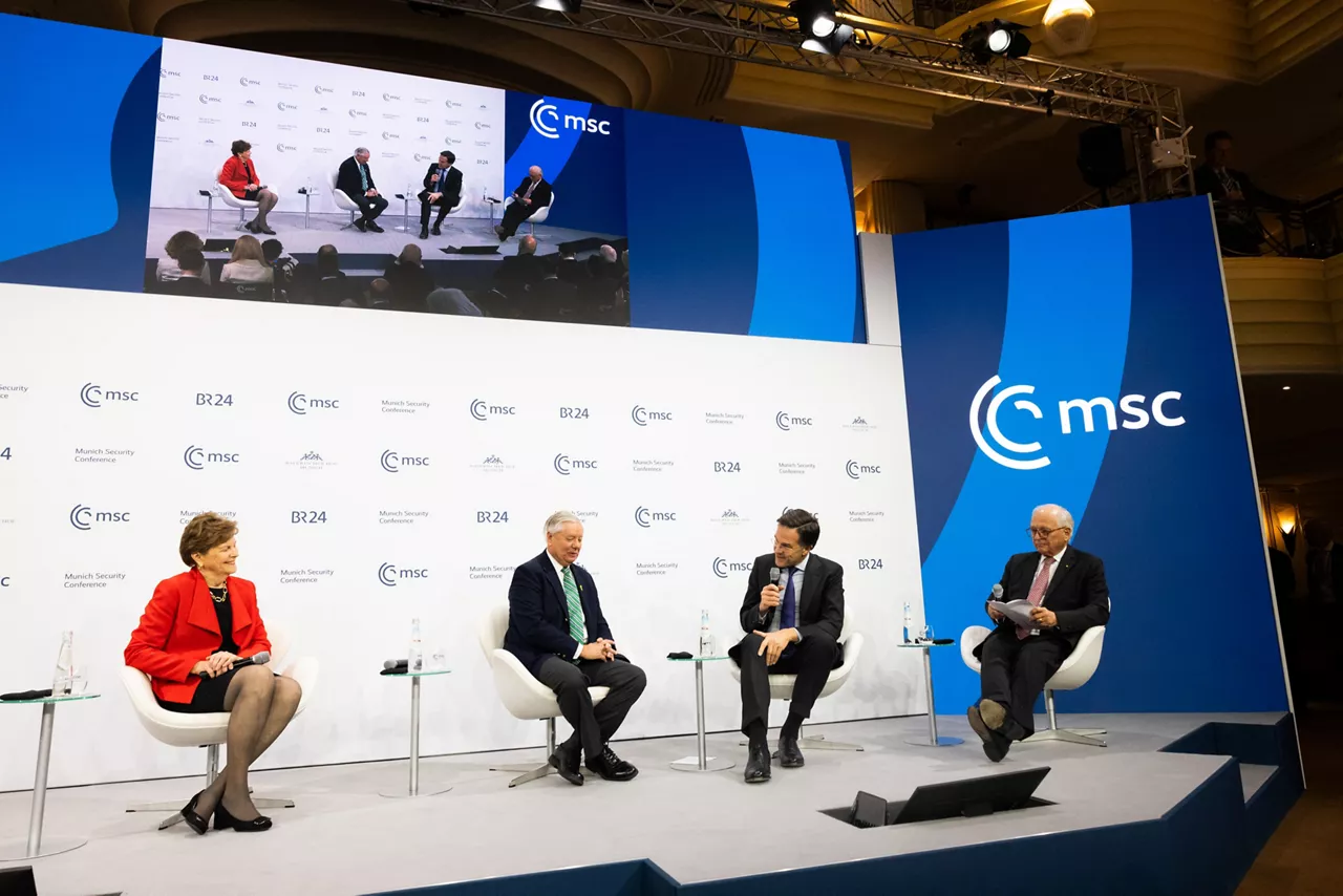 NATO Secretary General Mark Rutte participates in MSC panel on transatlantic security with US Senator Jeanne Shaheen, Senate Committee on Foreign Relations; US Senator Lindsey Graham, Chair of the Budget Senate Committee; and moderator, Wolfgang Ischinger, President of the Foundation Council, MSC Foundation