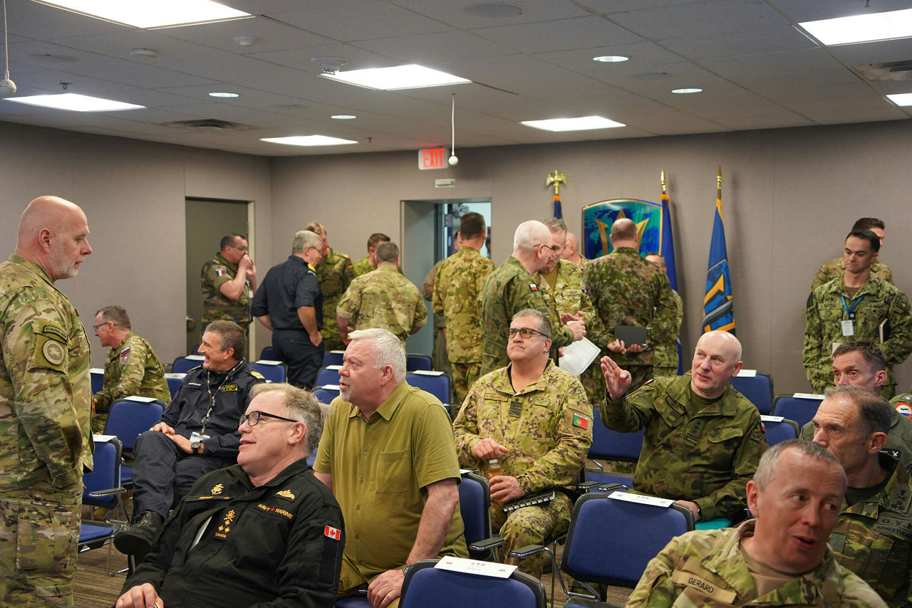 Members of the NATO Military Committee attend a briefing at NATO Joint Force Command Norfolk.