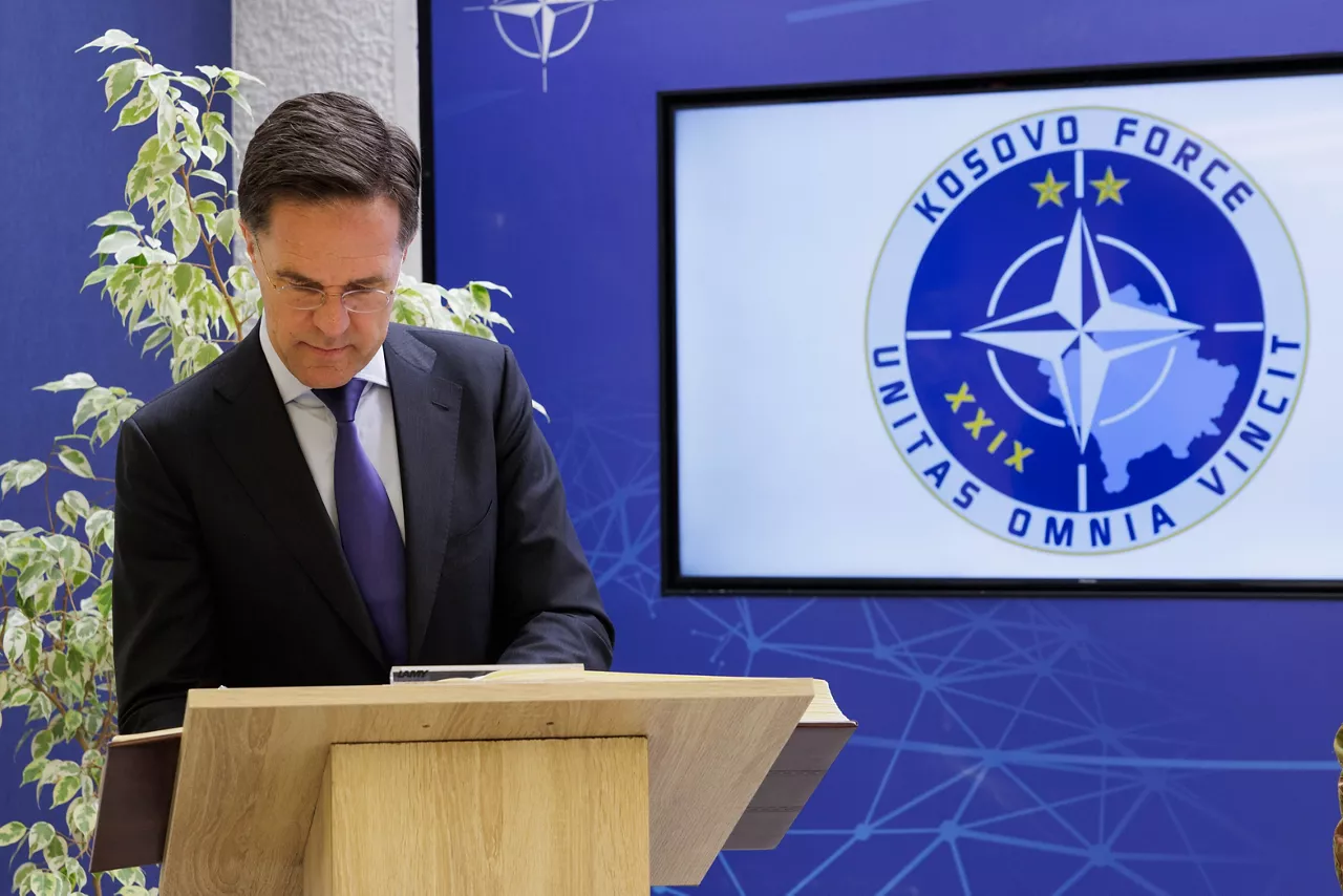 NATO Secretary General Mark Rutte signs the guestbook at HQ KFOR Pristina