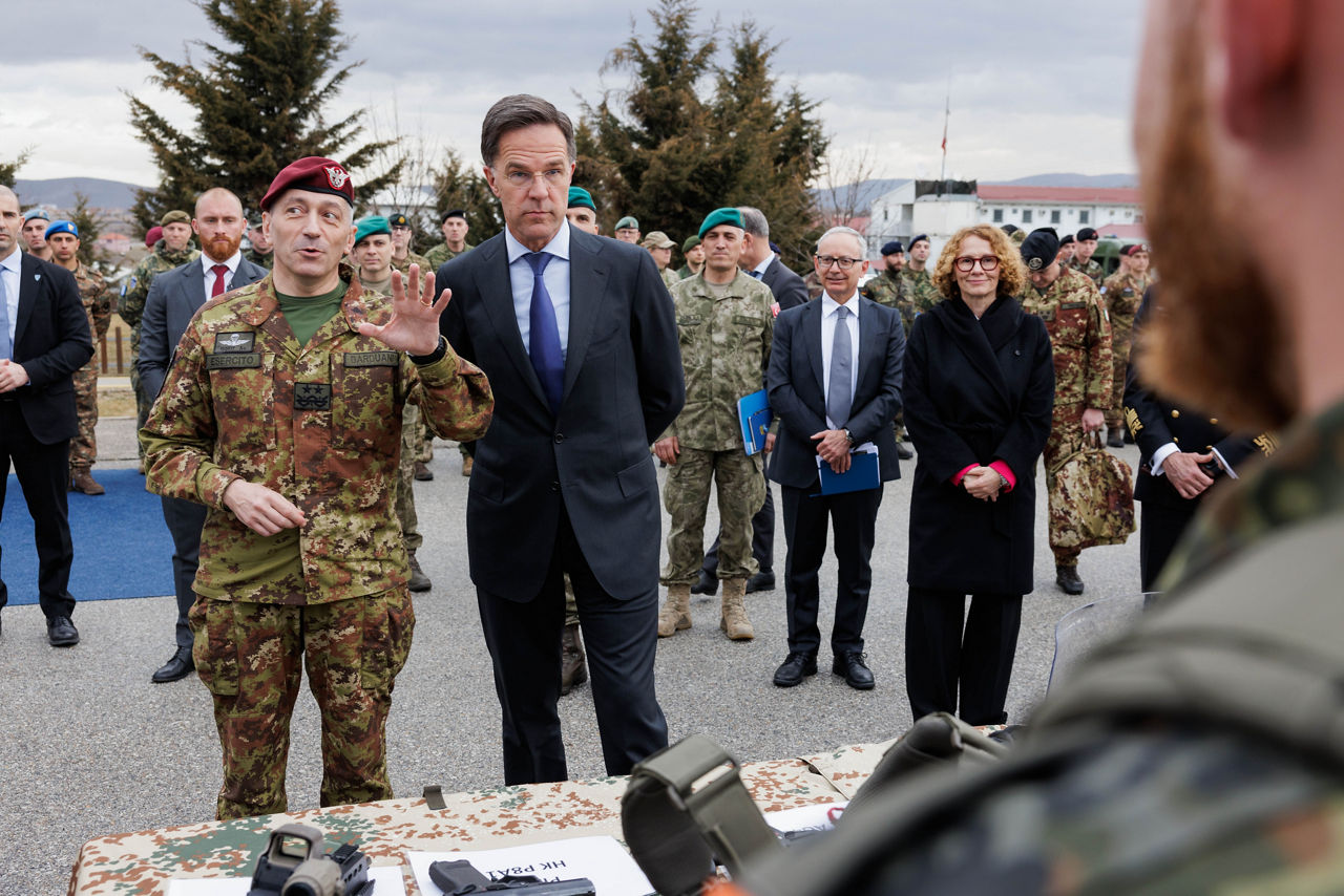 NATO Secretary General Mark Rutte and NATO Deputy Secretary General Radmila Shekerinska visit a static display and engage with KFOR and NALT personnel