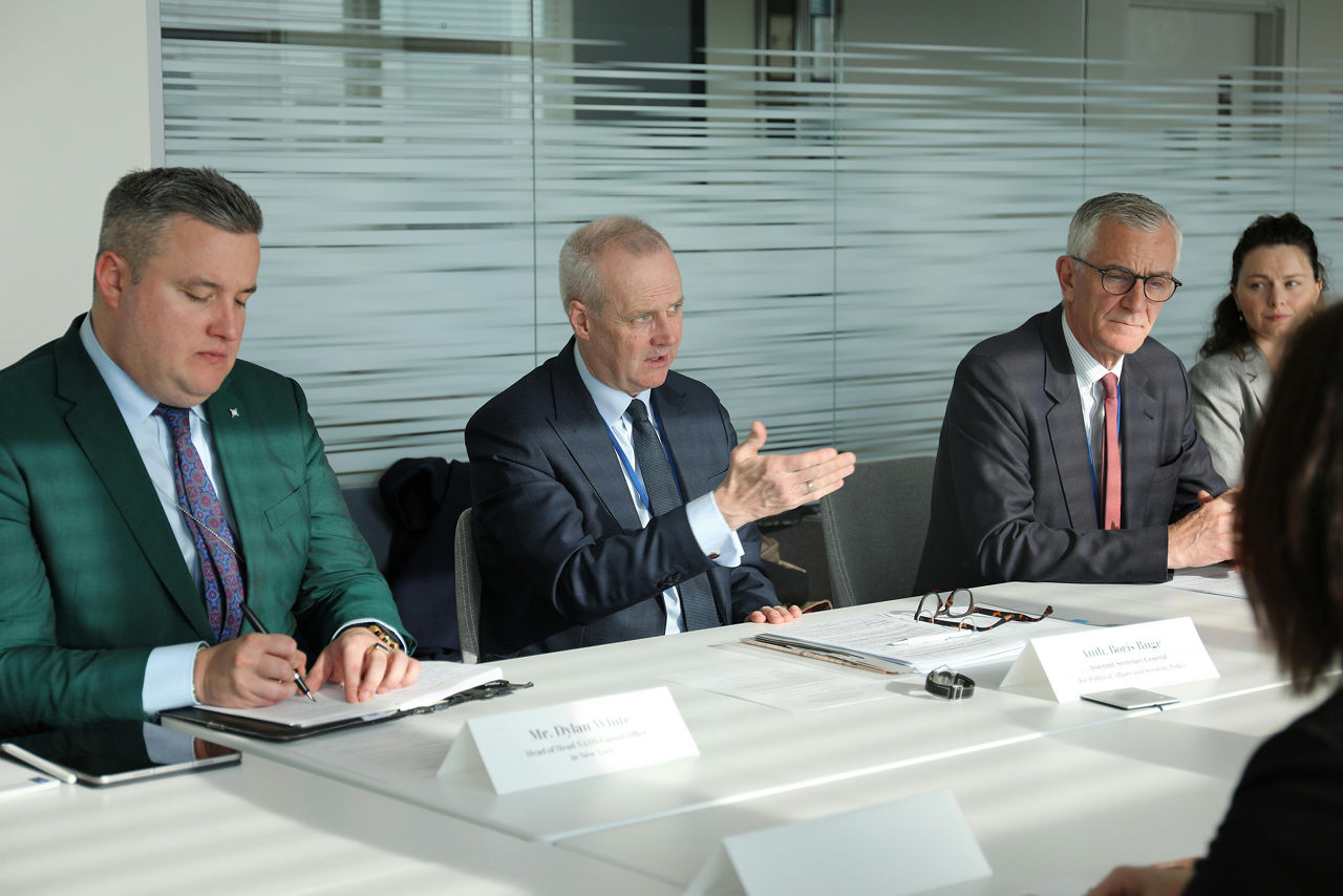NATO Assistant Secretary General Boris Ruge and UN Under-Secretaries-General Rosemary DiCarlo (Political and Peacebuilding Affairs) and Jean-Pierre Lacroix (Peace Operations) co-chaired the annual UN-NATO staff talks, held in New York on 12 March 2025. Photo credit: UN DPPA/Kyung Ae Lim