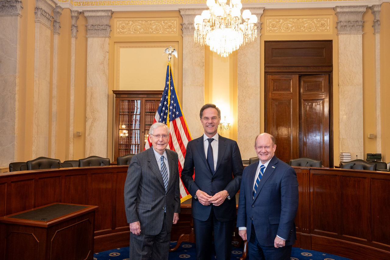 NATO Secretary General Mark Rutte meets with members of the Senate U.S. Senator Mitch McConnell and U.S. Senator Chris Coons