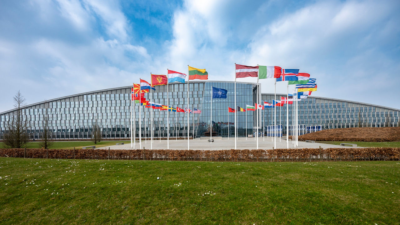 NATO headquarters in Brussels with 32 flags