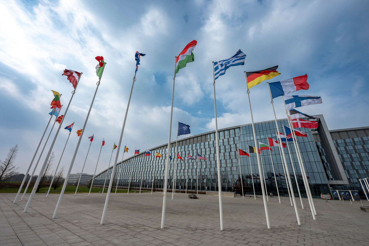 NATO headquarters in Brussels with 32 flags