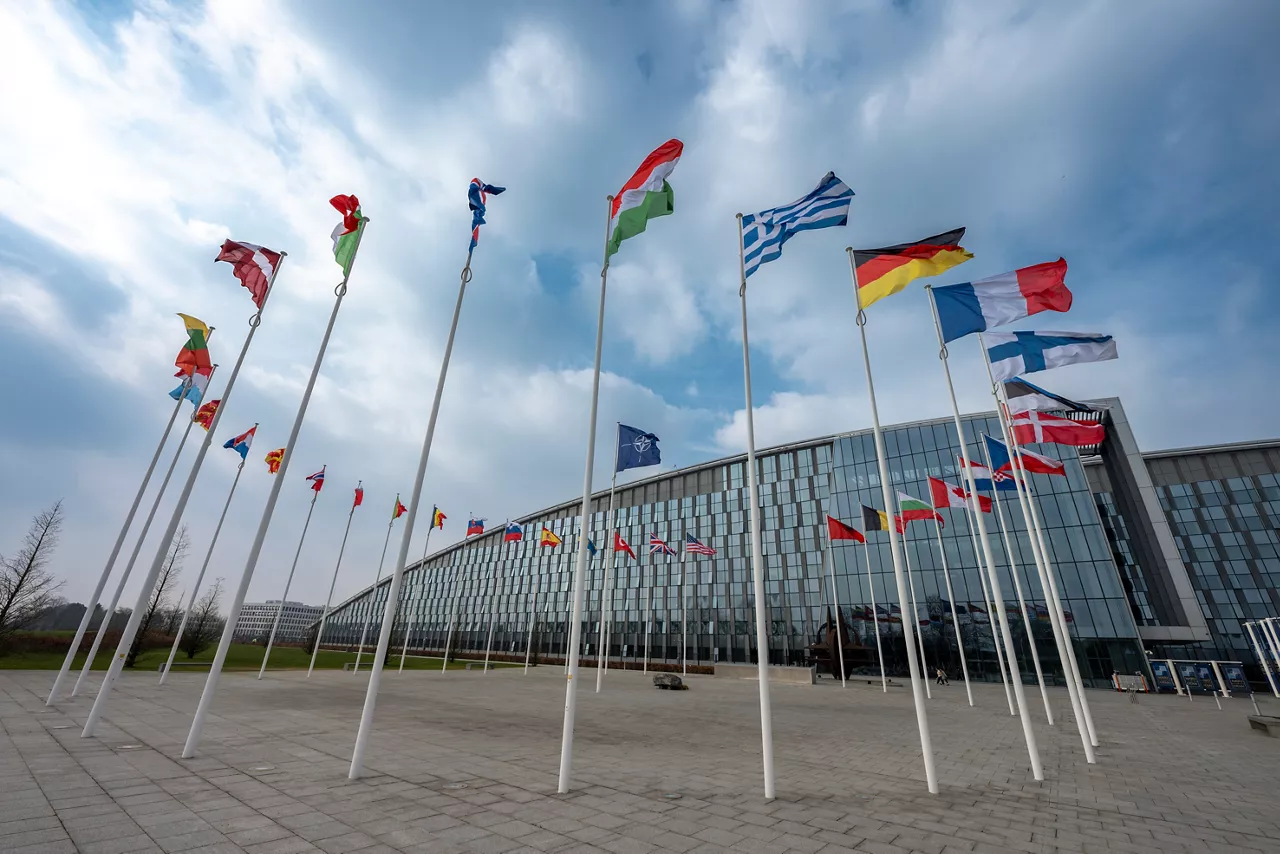 NATO headquarters in Brussels with 32 flags