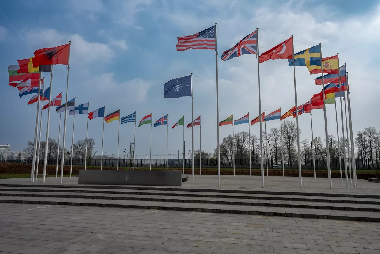 NATO headquarters in Brussels with 32 flags