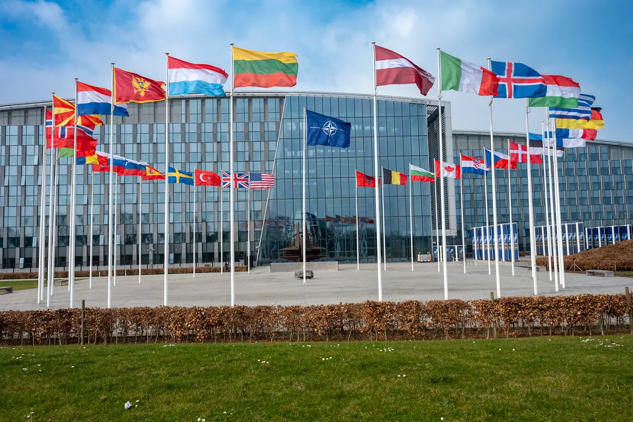 NATO headquarters in Brussels with 32 flags