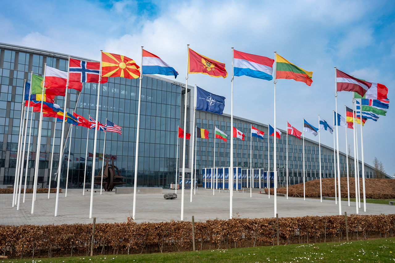 NATO headquarters in Brussels with 32 flags