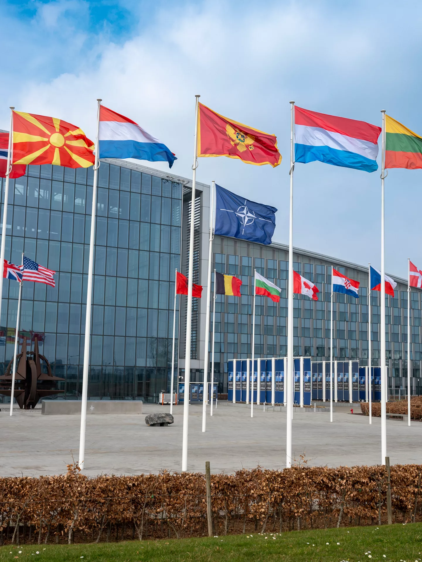 NATO headquarters in Brussels with 32 flags