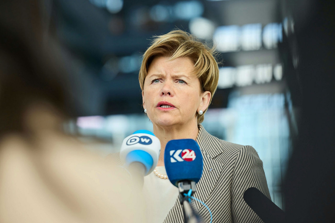 Minister of Foreign Affairs of Latvia, Baiba Braže, arrives at the NATO Foreign Ministerial