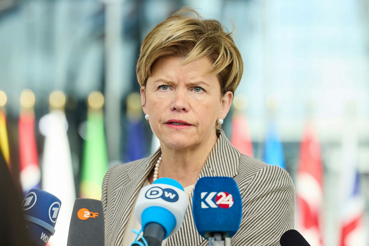 Minister of Foreign Affairs of Latvia, Baiba Braže, arrives at the NATO Foreign Ministerial