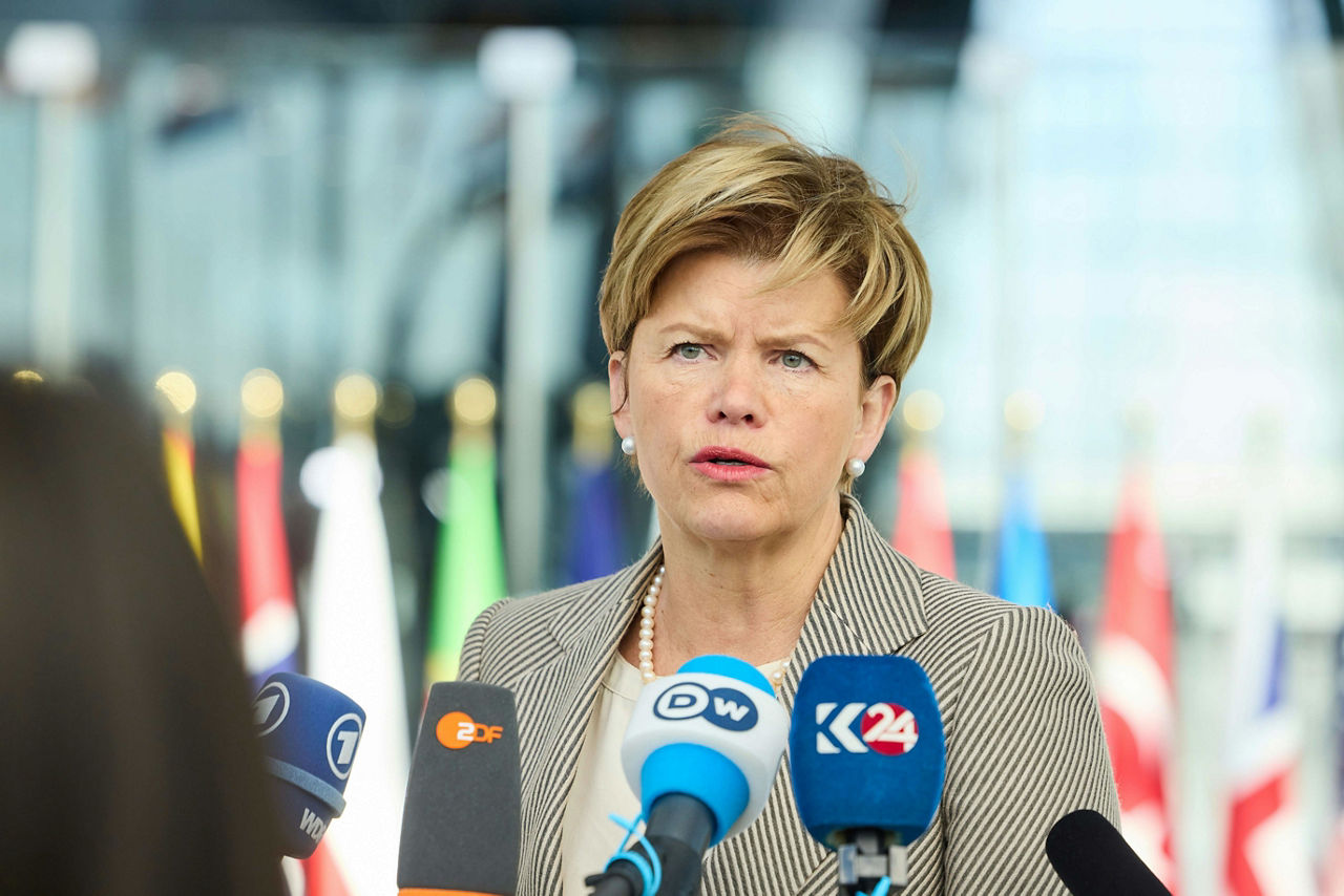 Minister of Foreign Affairs of Latvia, Baiba Braže, arrives at the NATO Foreign Ministerial