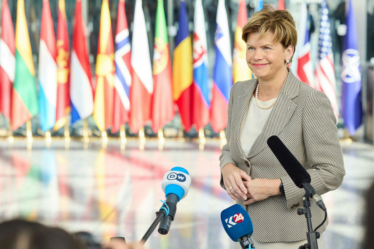 Minister of Foreign Affairs of Latvia, Baiba Braže, arrives at the NATO Foreign Ministerial