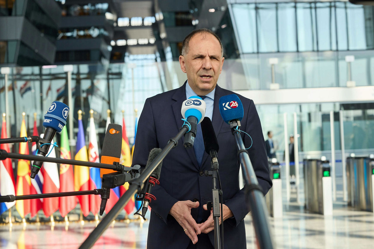 Minister of Foreign Affairs of Greece, Giorgos Gerapetritis, arriving at the NATO Foreign Ministerial Meeting