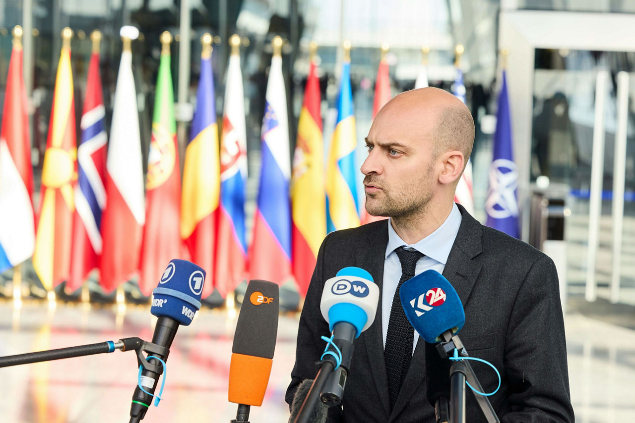 Minister for Europe and Foreign Affairs of France, Jean-Noël Barrot, arrives at the NATO Ministerial Meeting