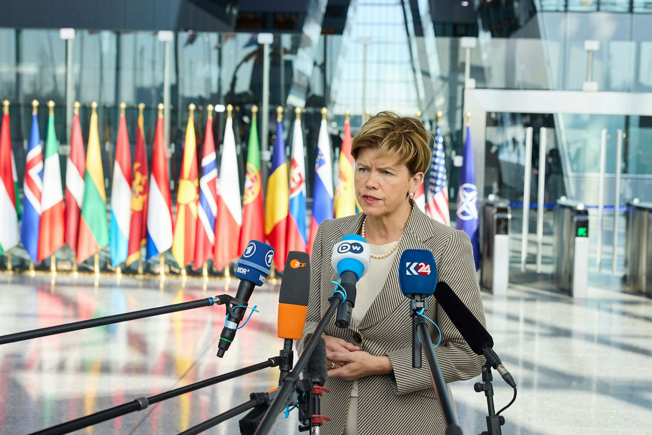 Minister of Foreign Affairs of Latvia, Baiba Braže, arrives at the NATO Foreign Ministerial