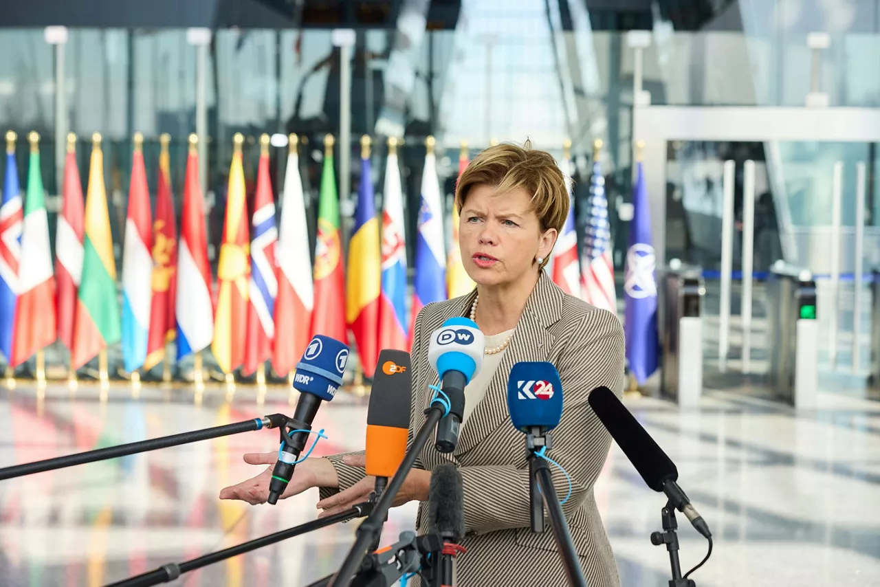 Minister of Foreign Affairs of Latvia, Baiba Braže, arrives at the NATO Foreign Ministerial
